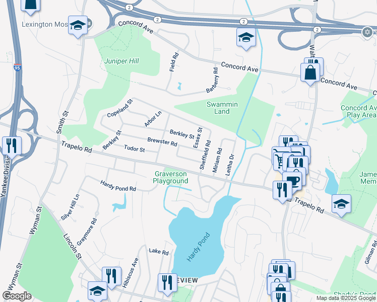 map of restaurants, bars, coffee shops, grocery stores, and more near 32 Brewster Road in Waltham