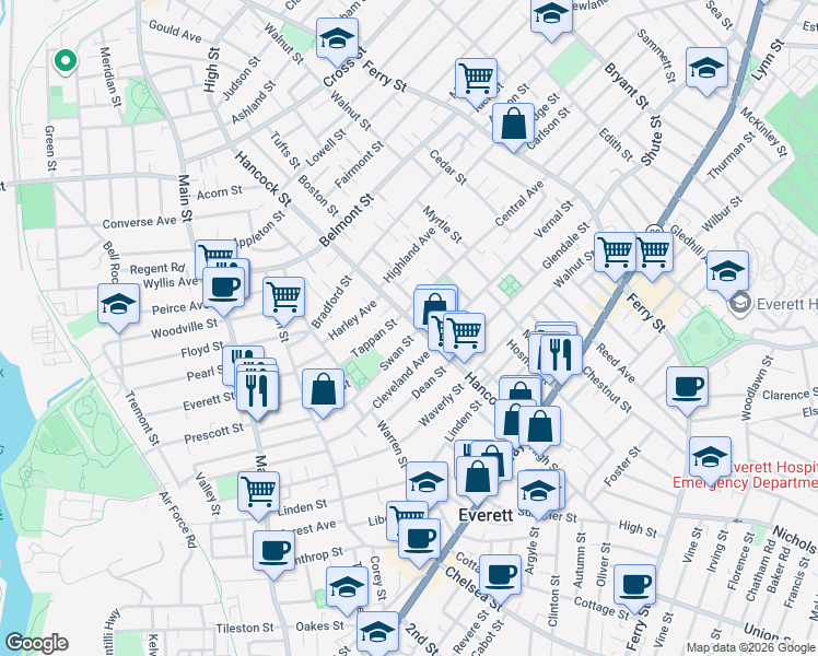 map of restaurants, bars, coffee shops, grocery stores, and more near 130 Hancock Street in Everett