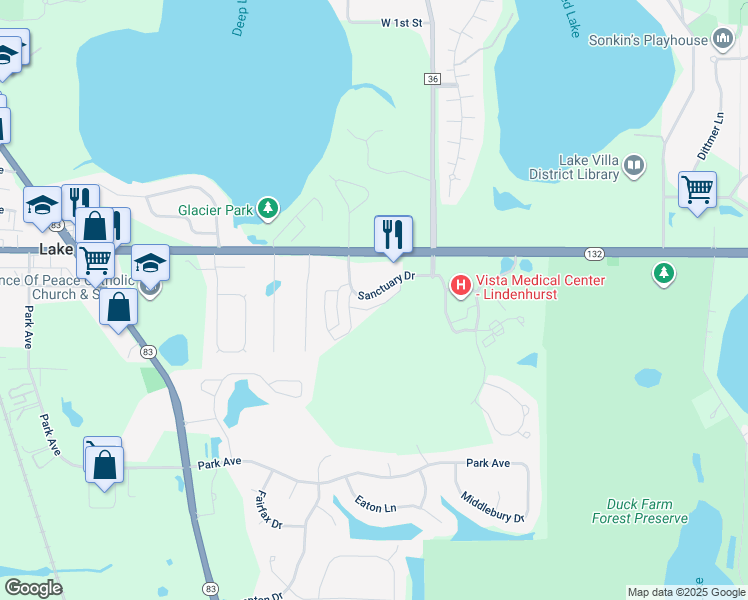 map of restaurants, bars, coffee shops, grocery stores, and more near 859 Sanctuary Drive in Lake Villa