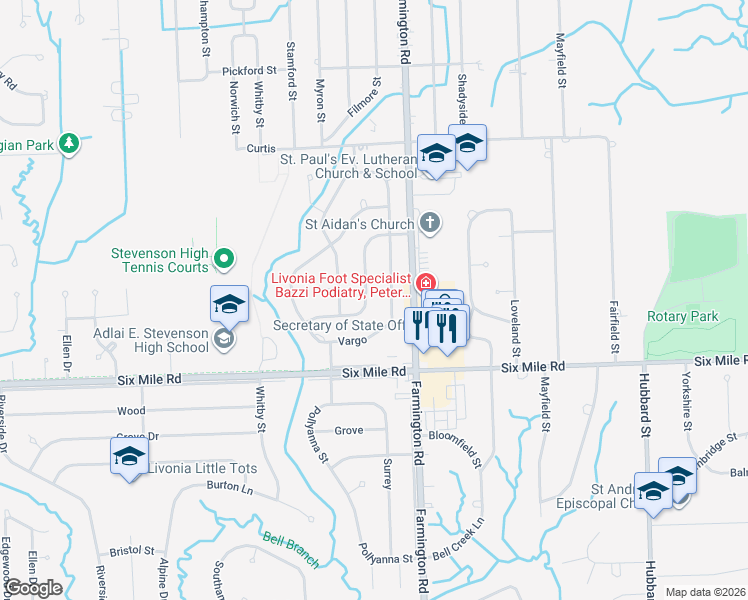 map of restaurants, bars, coffee shops, grocery stores, and more near 17356 McNamara Drive in Livonia
