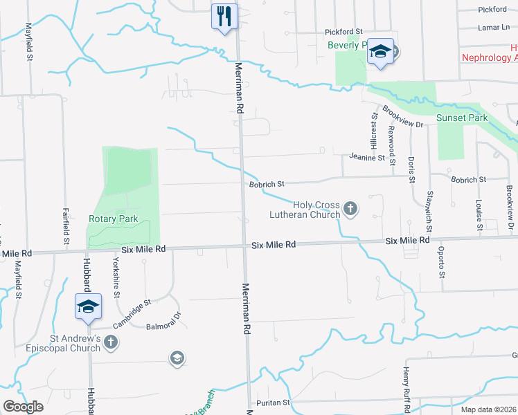map of restaurants, bars, coffee shops, grocery stores, and more near 17360 Merriman Road in Livonia