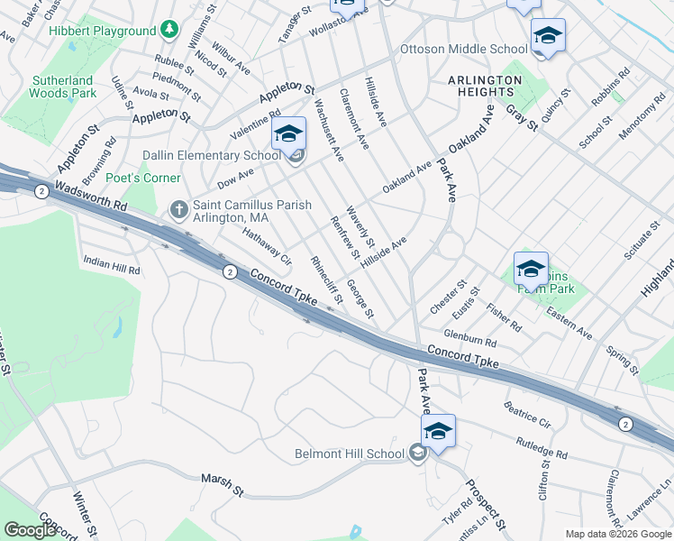 map of restaurants, bars, coffee shops, grocery stores, and more near 111 George Street in Arlington