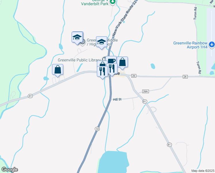 map of restaurants, bars, coffee shops, grocery stores, and more near 11123 New York 32 in Greenville