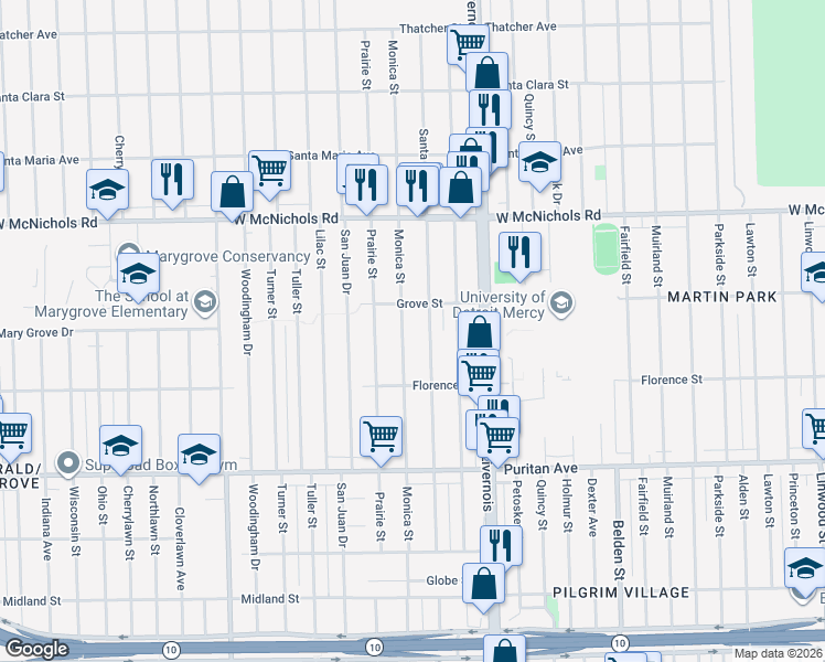 map of restaurants, bars, coffee shops, grocery stores, and more near 16608 Monica Street in Detroit