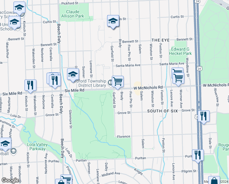 map of restaurants, bars, coffee shops, grocery stores, and more near 25195 West 6 Mile Road in Redford Charter Township
