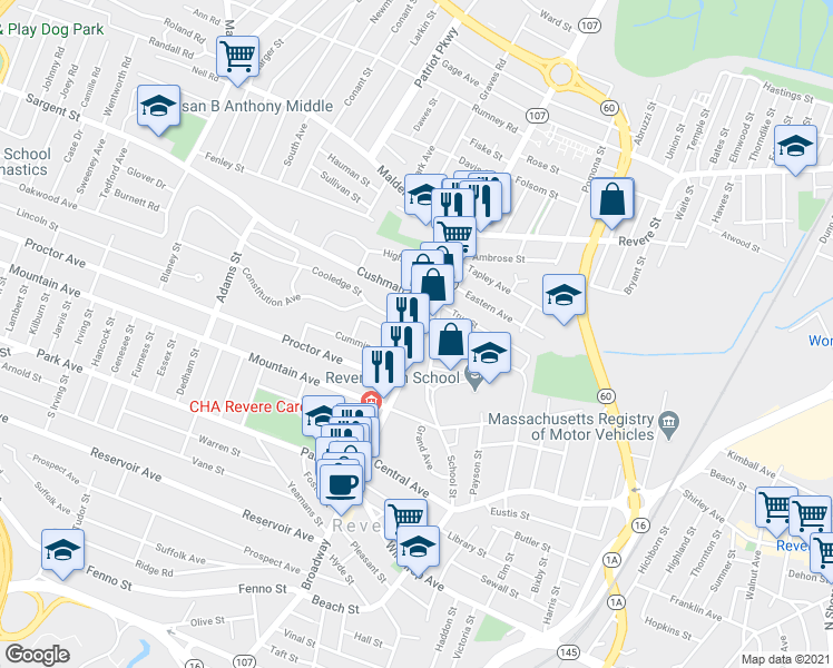 map of restaurants, bars, coffee shops, grocery stores, and more near 592 Broadway in Revere