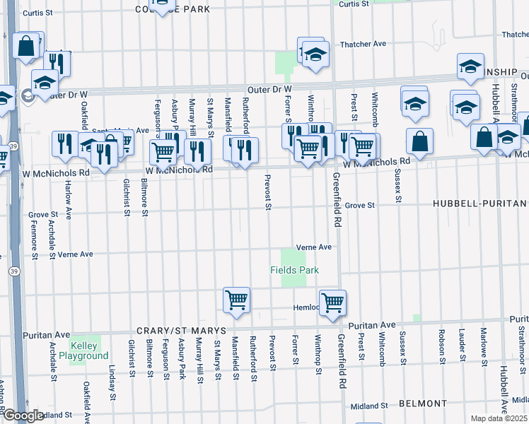map of restaurants, bars, coffee shops, grocery stores, and more near 16777 Prevost Street in Detroit