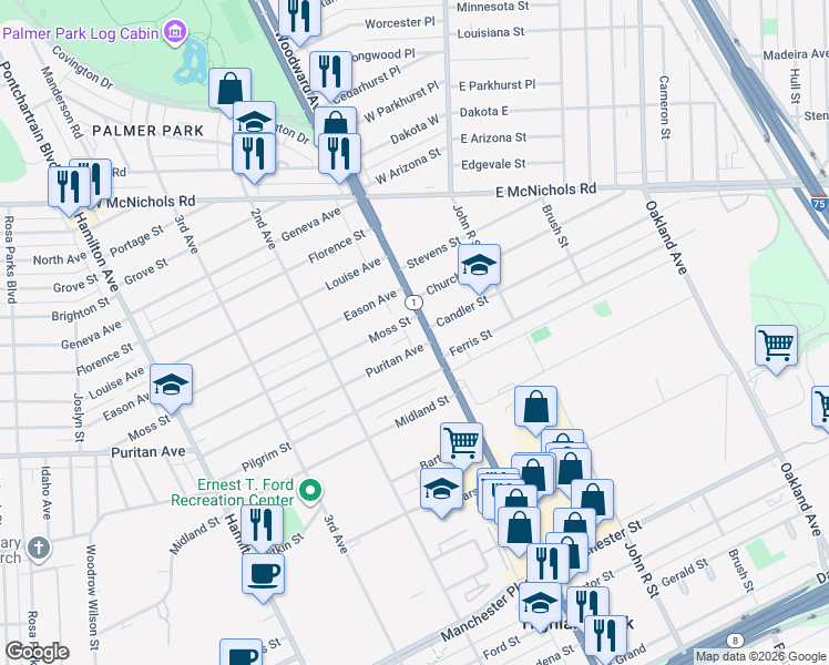 map of restaurants, bars, coffee shops, grocery stores, and more near 16121 Woodward Avenue in Highland Park