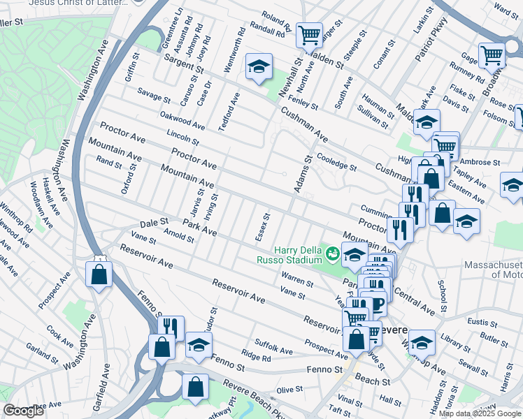 map of restaurants, bars, coffee shops, grocery stores, and more near 56 Furness Street in Revere