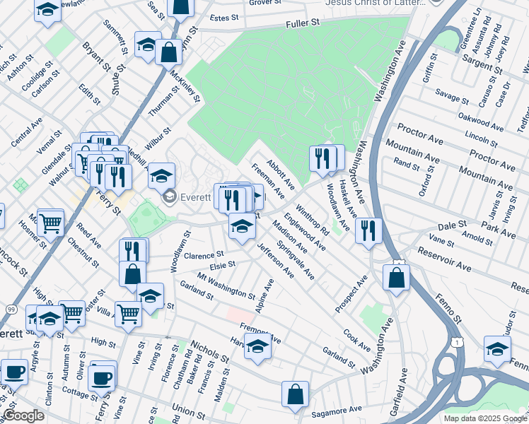 map of restaurants, bars, coffee shops, grocery stores, and more near 14 Jackson Avenue in Everett
