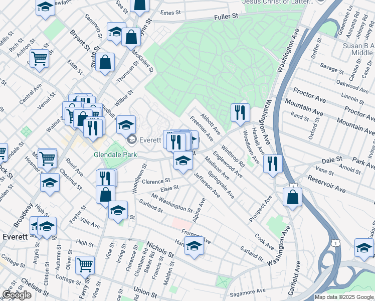 map of restaurants, bars, coffee shops, grocery stores, and more near 14 Jackson Avenue in Everett