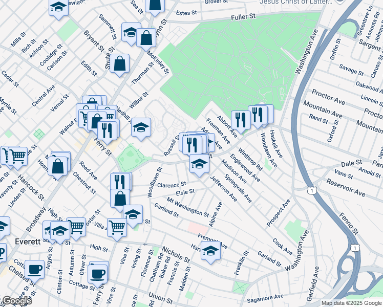 map of restaurants, bars, coffee shops, grocery stores, and more near 151 Jefferson Avenue in Everett