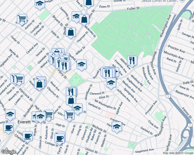 map of restaurants, bars, coffee shops, grocery stores, and more near 27 Harding Avenue in Everett