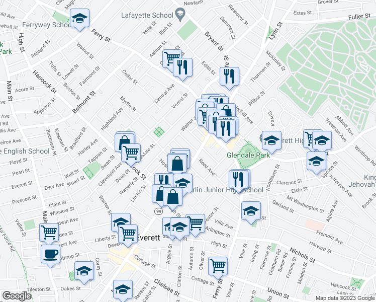map of restaurants, bars, coffee shops, grocery stores, and more near 23 Raymond Street in Everett
