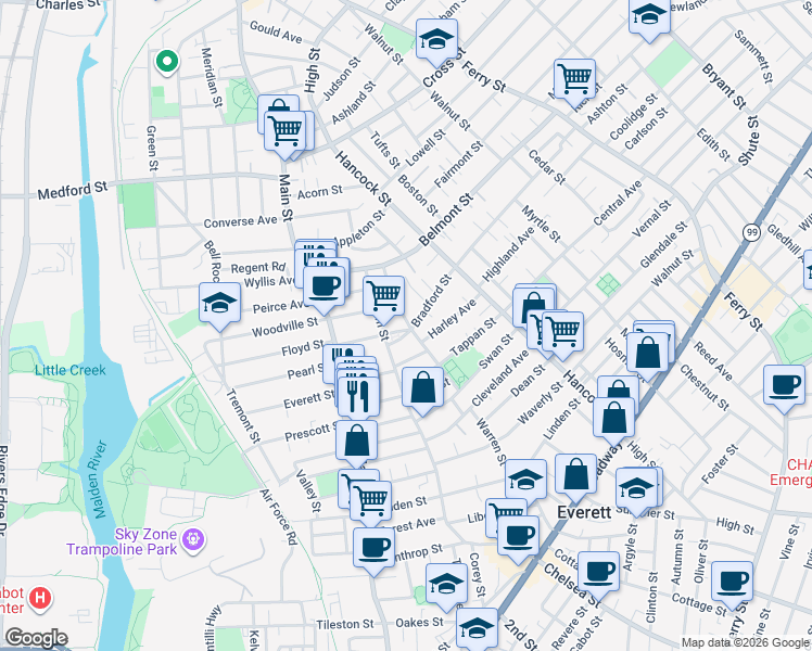 map of restaurants, bars, coffee shops, grocery stores, and more near 80 Kinsman Street in Everett