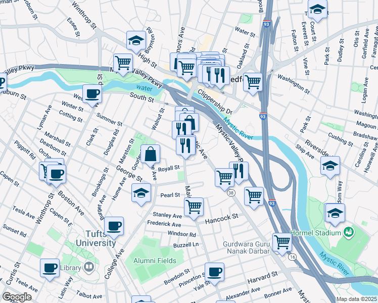 map of restaurants, bars, coffee shops, grocery stores, and more near 160 Main Street in Medford
