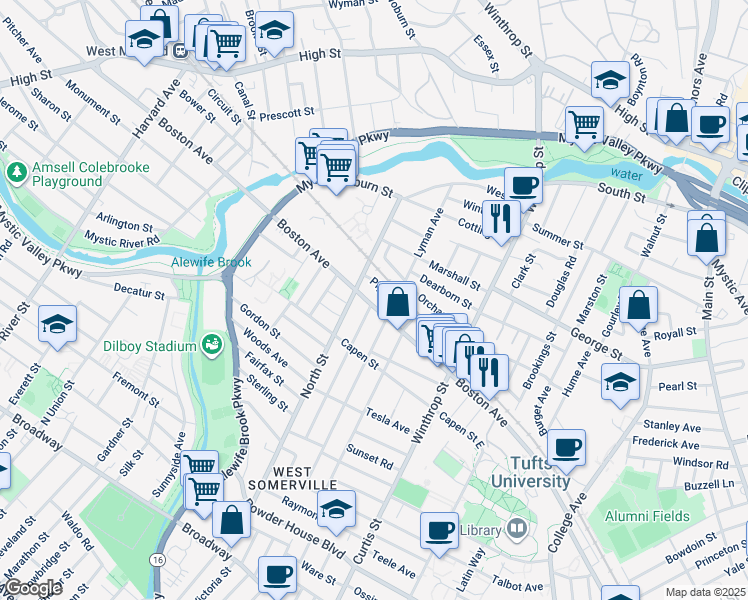 map of restaurants, bars, coffee shops, grocery stores, and more near 250 Boston Avenue in Medford