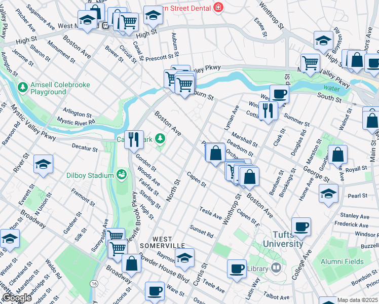map of restaurants, bars, coffee shops, grocery stores, and more near 250 Boston Avenue in Medford