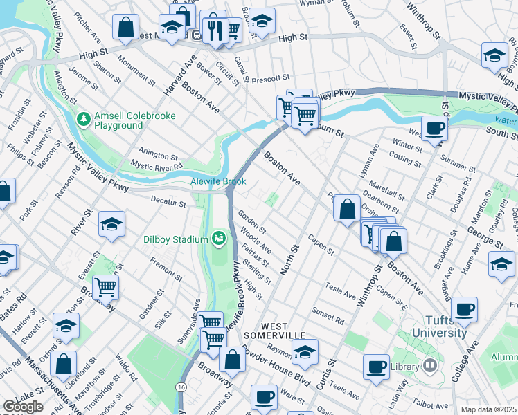 map of restaurants, bars, coffee shops, grocery stores, and more near 405 Alewife Brook Parkway in Somerville