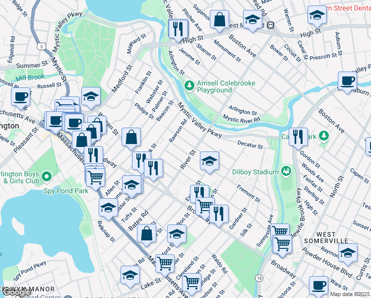 map of restaurants, bars, coffee shops, grocery stores, and more near 12 Exeter Street in Arlington