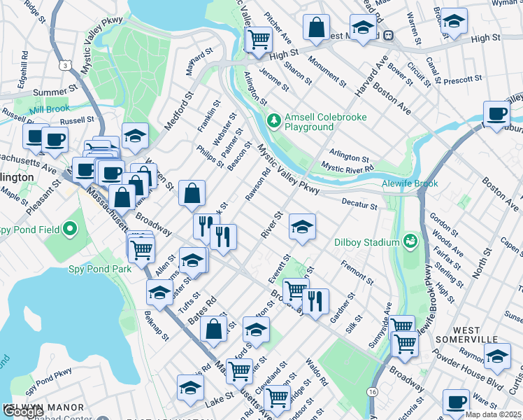 map of restaurants, bars, coffee shops, grocery stores, and more near 12 Exeter Street in Arlington
