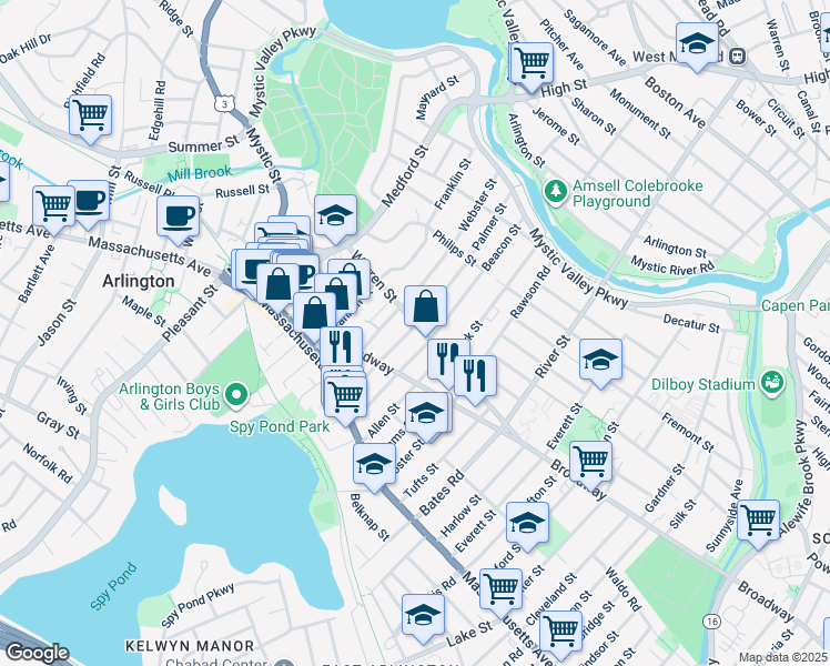 map of restaurants, bars, coffee shops, grocery stores, and more near 62 Palmer Street in Arlington