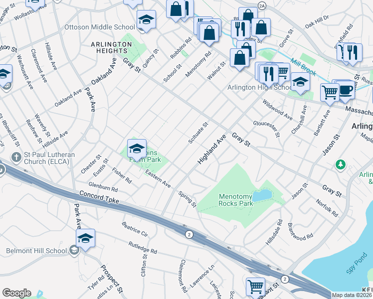 map of restaurants, bars, coffee shops, grocery stores, and more near 116 Scituate Street in Arlington