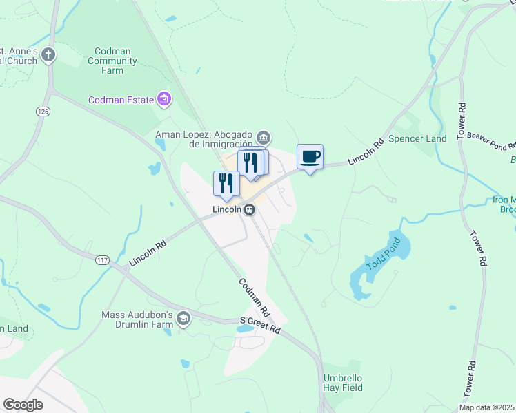map of restaurants, bars, coffee shops, grocery stores, and more near 19 Ridge Road in Lincoln