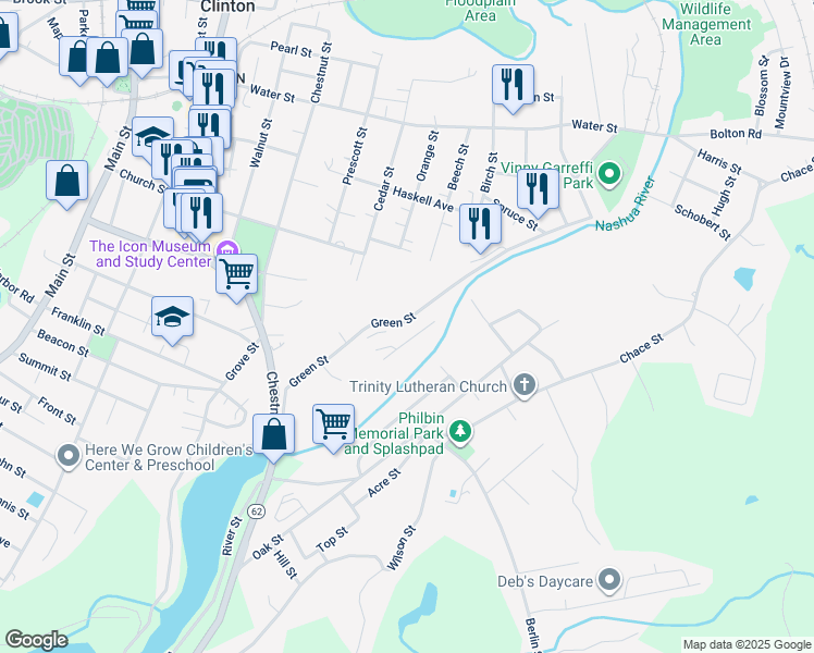map of restaurants, bars, coffee shops, grocery stores, and more near 207 Green Street in Clinton