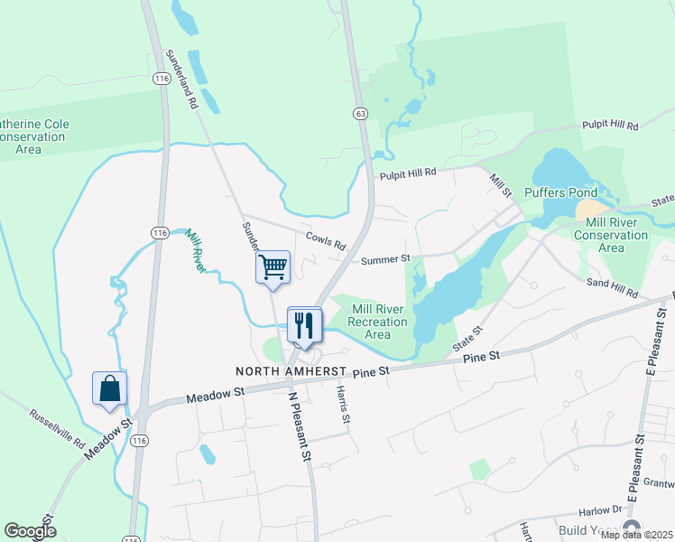 map of restaurants, bars, coffee shops, grocery stores, and more near 125 Montague Road in Amherst
