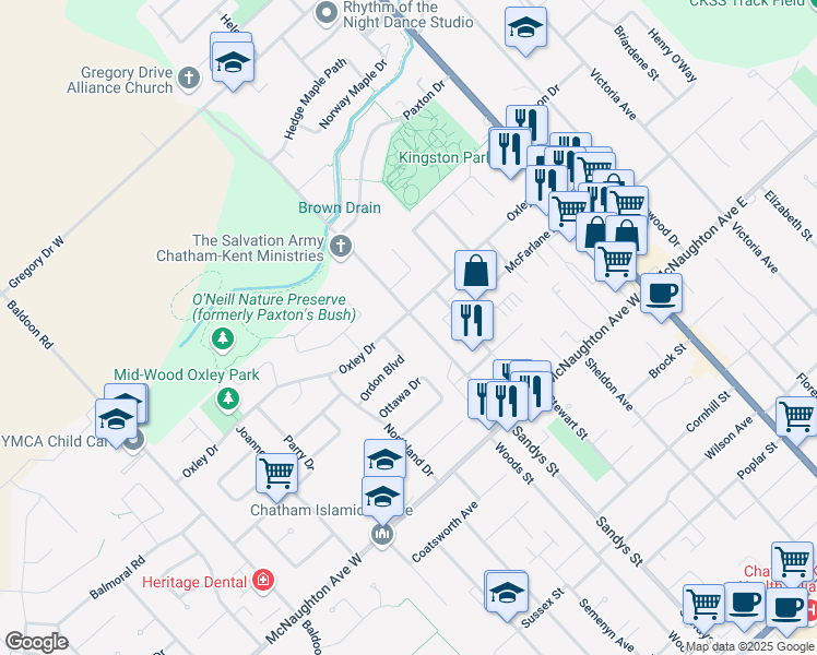 map of restaurants, bars, coffee shops, grocery stores, and more near 455 Sandys Street in Chatham