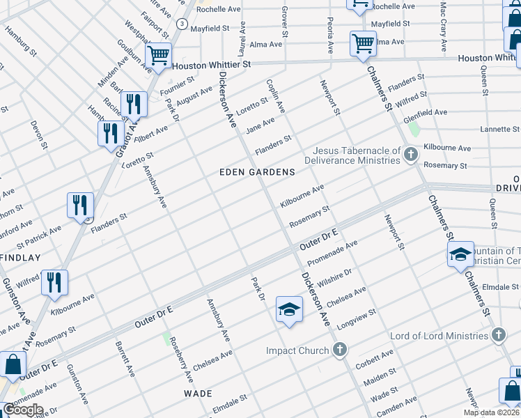 map of restaurants, bars, coffee shops, grocery stores, and more near 12801 Kilbourne Avenue in Detroit