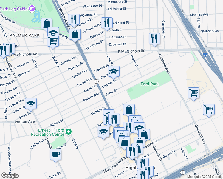 map of restaurants, bars, coffee shops, grocery stores, and more near 24 Candler Street in Highland Park
