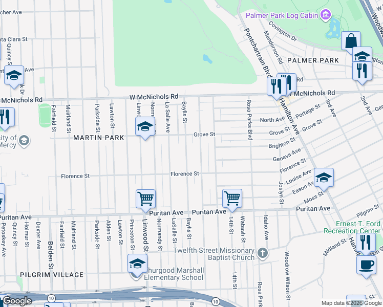 map of restaurants, bars, coffee shops, grocery stores, and more near 16592 Baylis Street in Detroit