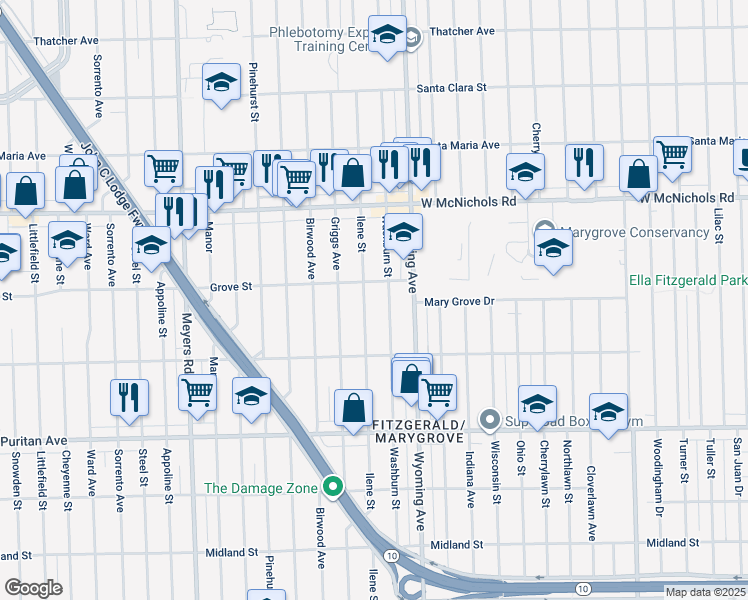 map of restaurants, bars, coffee shops, grocery stores, and more near 16631 Washburn Street in Detroit