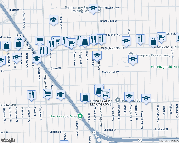 map of restaurants, bars, coffee shops, grocery stores, and more near 16631 Washburn Street in Detroit