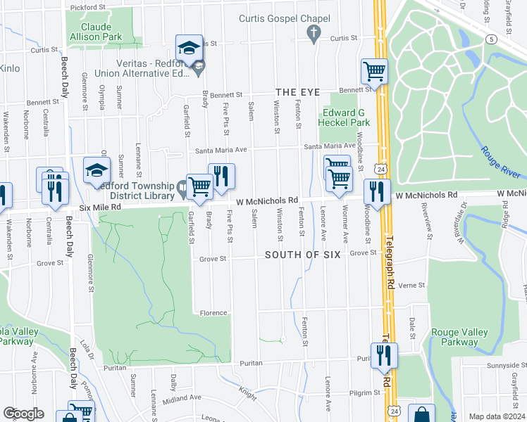 map of restaurants, bars, coffee shops, grocery stores, and more near 24651 West McNichols Road in Detroit