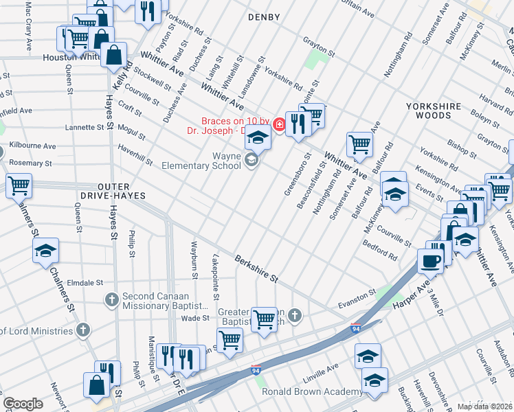 map of restaurants, bars, coffee shops, grocery stores, and more near 10343 Roxbury Street in Detroit