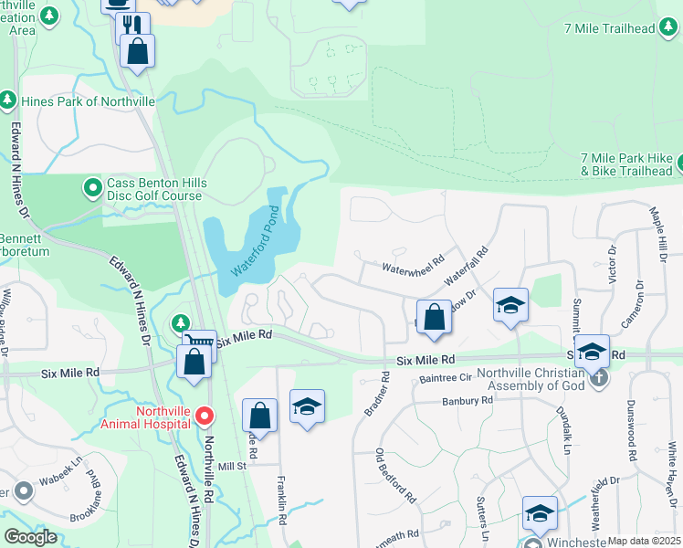 map of restaurants, bars, coffee shops, grocery stores, and more near 42464 Waterfall Road in Northville