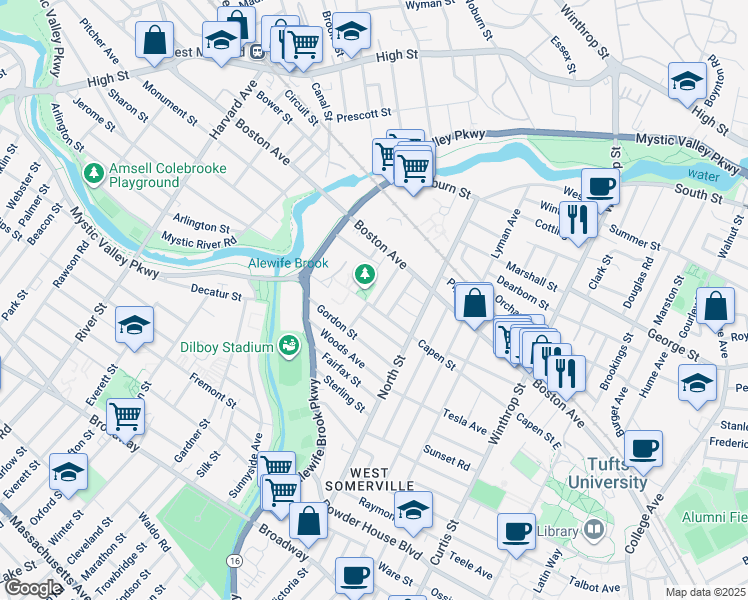 map of restaurants, bars, coffee shops, grocery stores, and more near 33 Harris Road in Medford