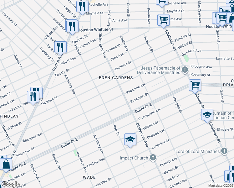 map of restaurants, bars, coffee shops, grocery stores, and more near 12801 Kilbourne Avenue in Detroit