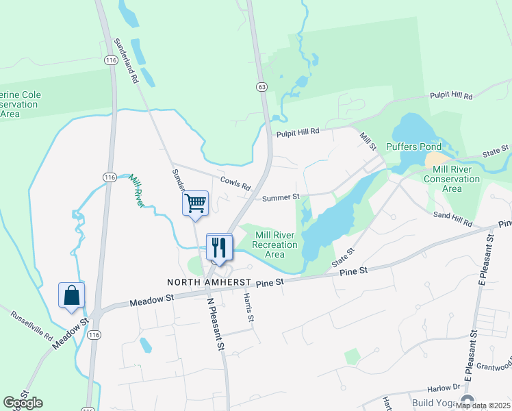 map of restaurants, bars, coffee shops, grocery stores, and more near 125 Montague Road in Amherst