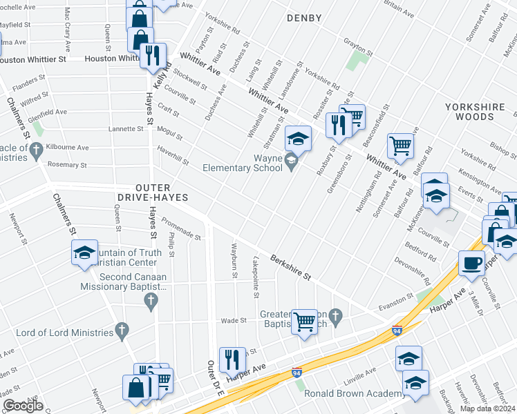 map of restaurants, bars, coffee shops, grocery stores, and more near 10444 Wayburn Street in Detroit
