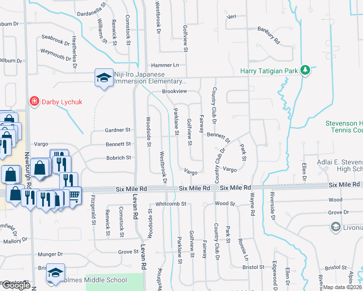 map of restaurants, bars, coffee shops, grocery stores, and more near 17494 Parklane St in Livonia
