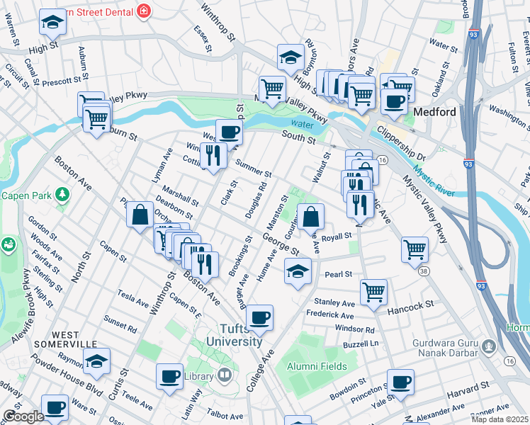 map of restaurants, bars, coffee shops, grocery stores, and more near 40 Brookings Street in Medford