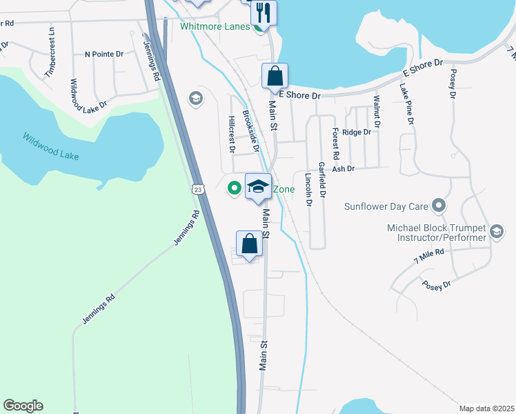 map of restaurants, bars, coffee shops, grocery stores, and more near 8845 Main Street in Whitmore Lake