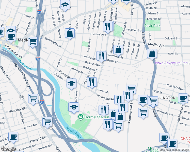 map of restaurants, bars, coffee shops, grocery stores, and more near 45 Hunewill Avenue in Medford