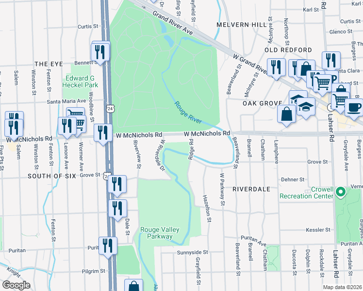 map of restaurants, bars, coffee shops, grocery stores, and more near 23400 South Riverdale Drive in Detroit