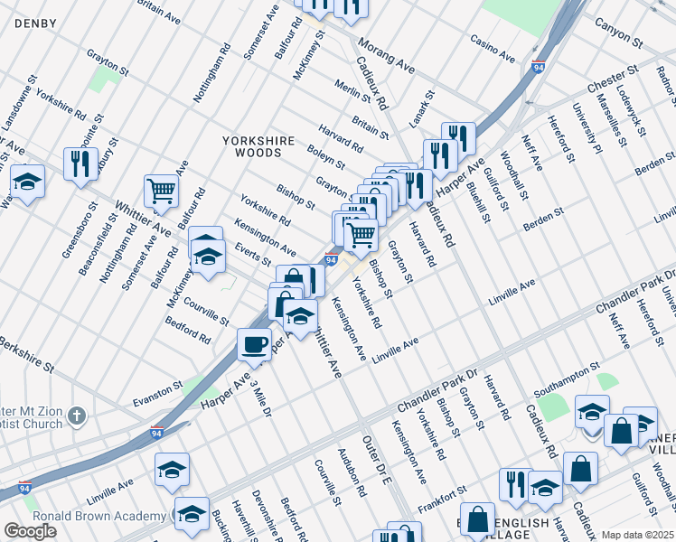 map of restaurants, bars, coffee shops, grocery stores, and more near 16635 Harper Avenue in Detroit