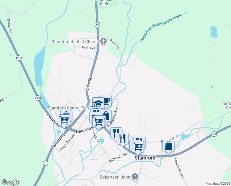 map of restaurants, bars, coffee shops, grocery stores, and more near 32 River St in Stamford